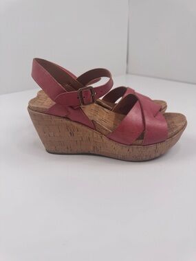 Kork-Ease Dusty Rose Cork Wedge Sandals with Ankle Buckle